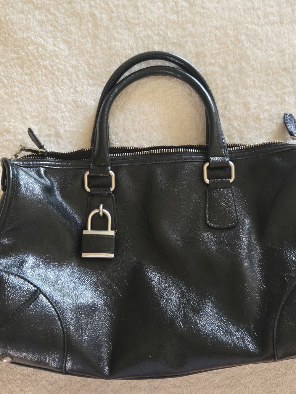Mango Black Leather Tote with Padlock Accent